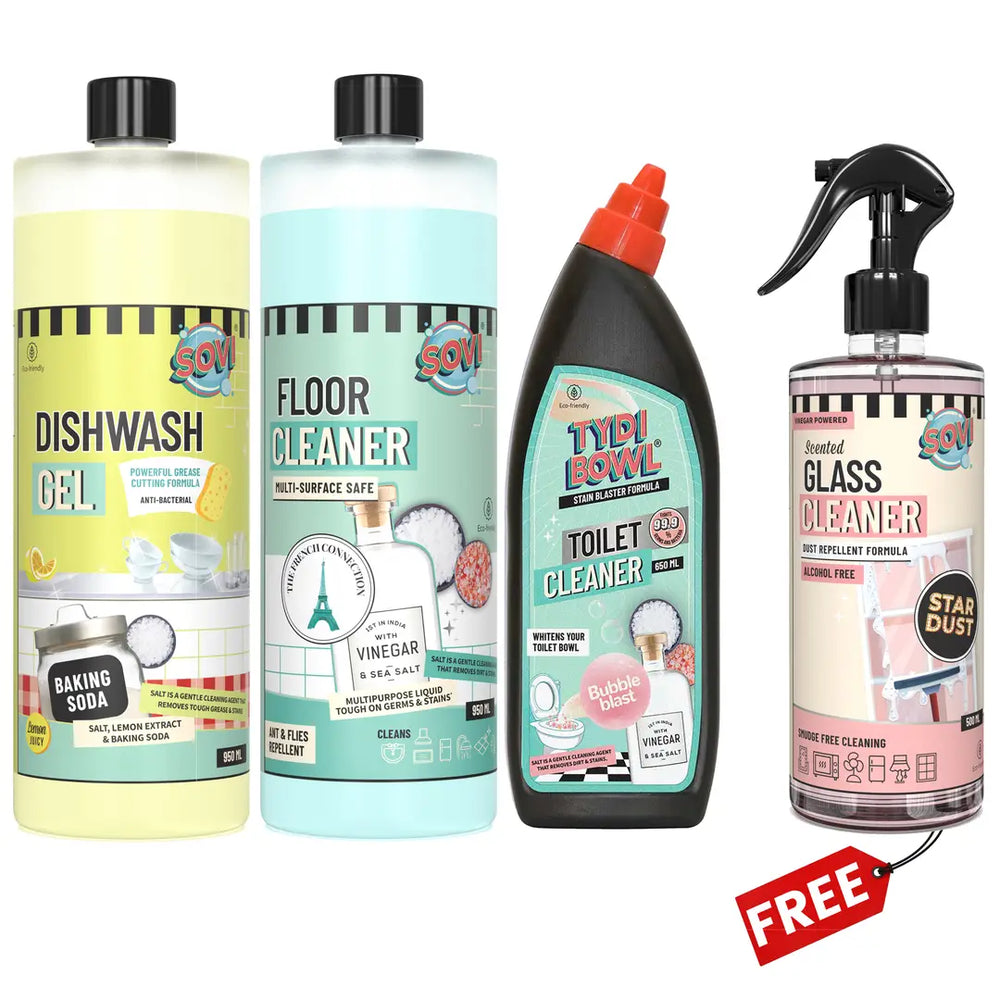 BESTSELLER CLEANING KIT - FLOOR CLEANER, SOVI® DISHWASH LIQUID, TYDIBOWL® TOILET CLEANER, GLASS CLEANER (₹149) FREE