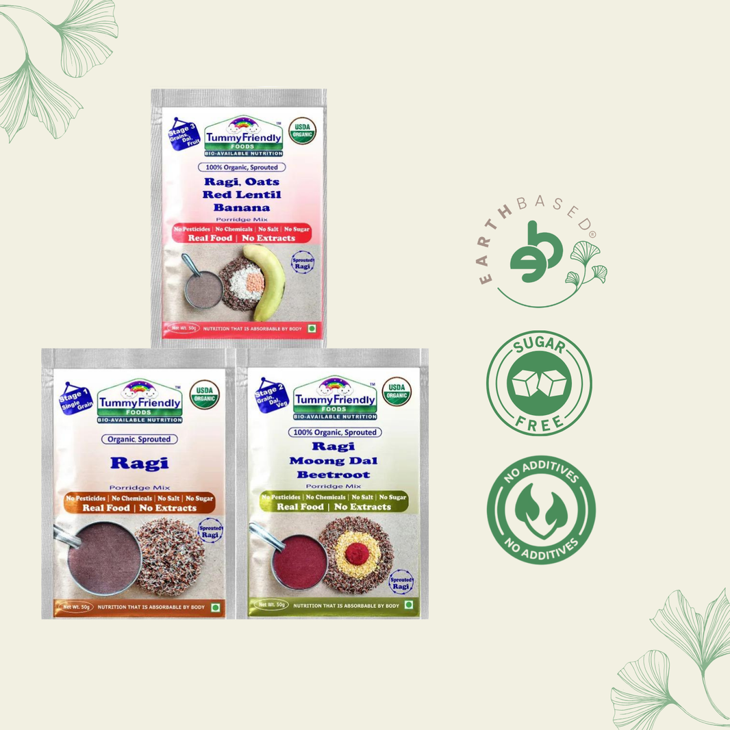 TummyFriendly Foods Certified Ragi Porridge Mixes - Stage1, Stage2, Stage3 | Rich in Calcium, Iron, Fibre & Micro-Nutrients |3 Packs, 50g Each Cereal (150 g, Pack of 3)