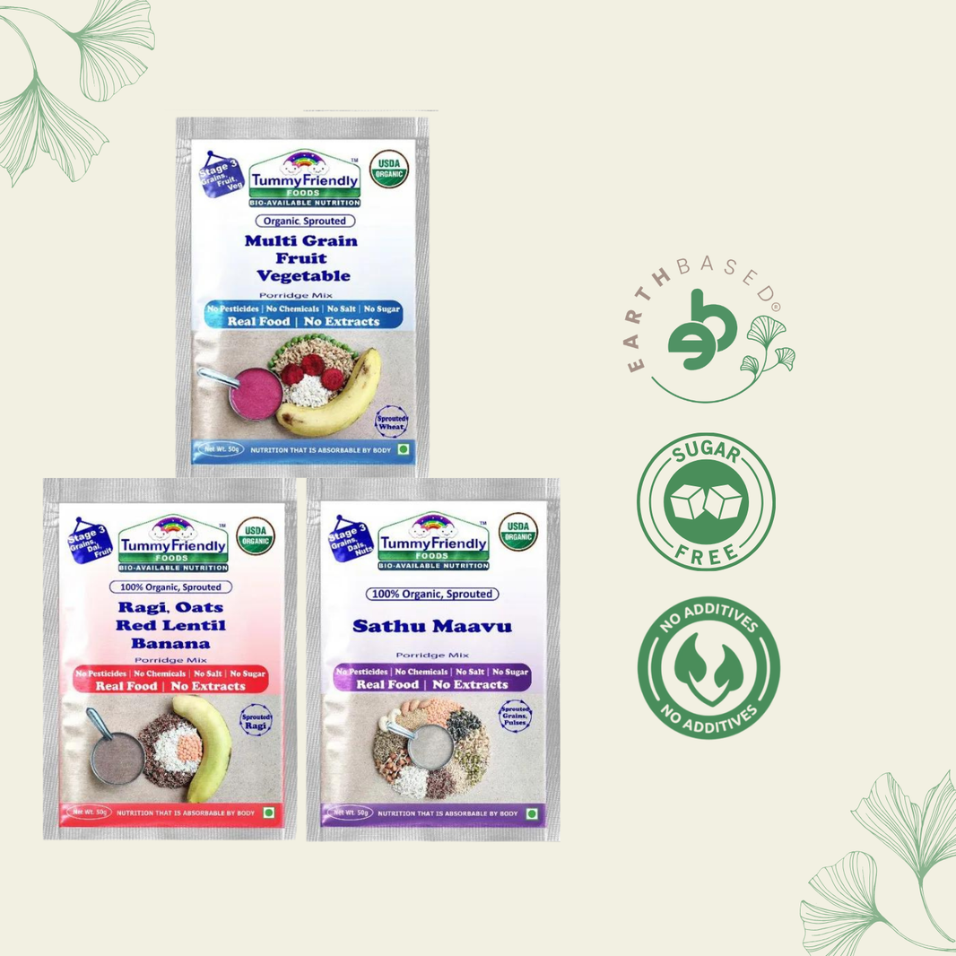 TummyFriendly Foods Certified Stage3 Porridge Mixes Trial Packs - Ragi, Sathu Maavu, MultiGrain | Organic Baby Food for 8 Months Old Baby |3 Packs, 50g Each Cereal (150 g, Pack of 3)