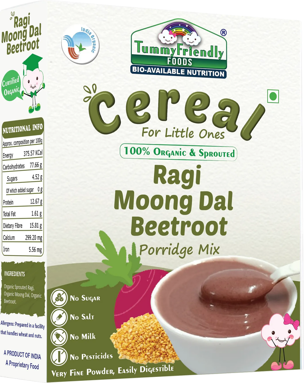 TummyFriendly Foods Certified 100% Organic Sprouted Ragi, Moong Dal, Beetroot Porridge Mix | Organic Baby Food for 6 Months Old | Made of Sprouted Ragi for Baby |Rich in Calcium, Iron, Fibre & Micro-Nutrients (200 g)