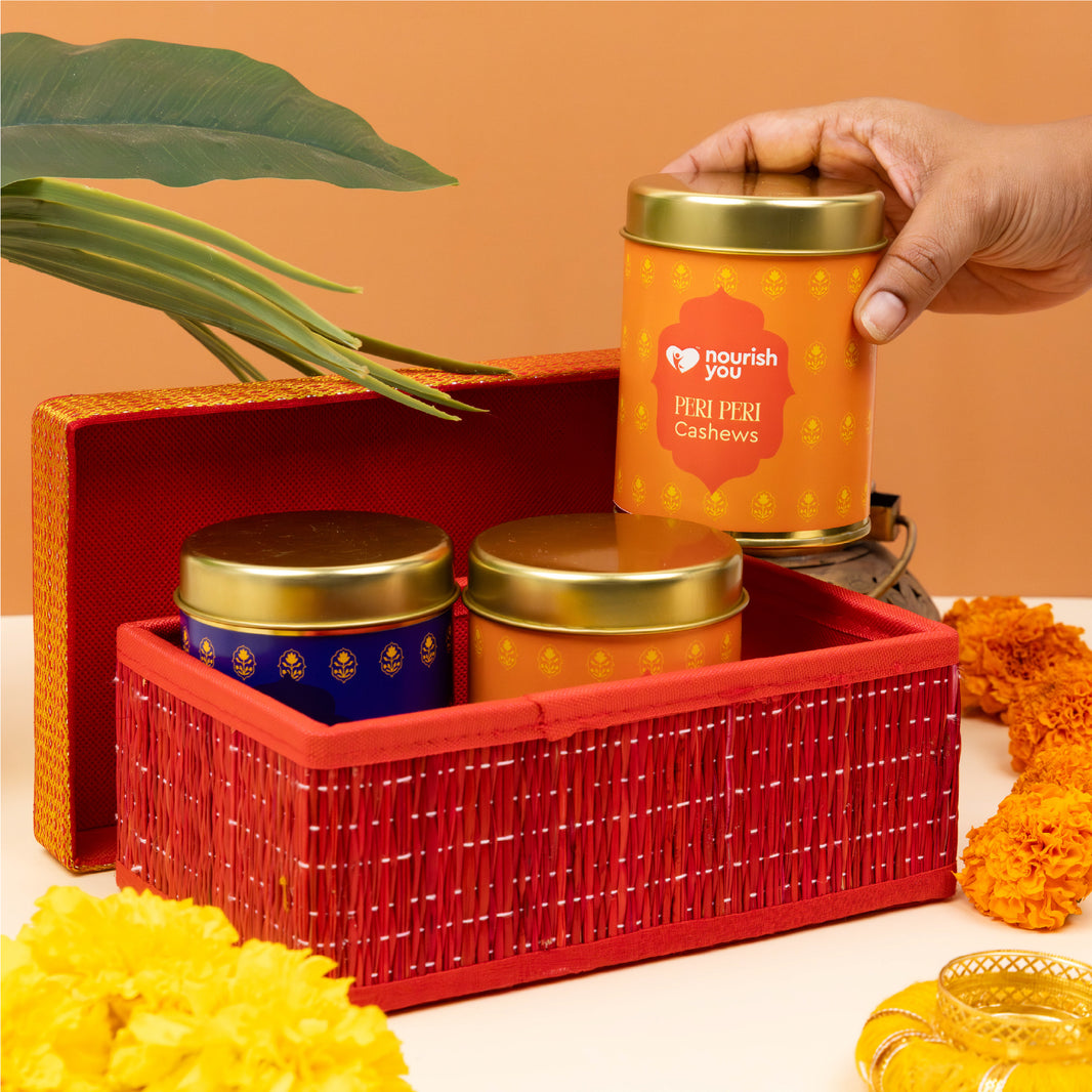 Nourish You The Diwali Luxe – Kalamkari Katha | Premium Festive Diwali Dry fruits gift Hamperr | Heritage Kalamkari Jars with Peri Peri Cashew, Plain Almonds & Cashew Clusters | Plant Based | Gluten Free | Refined Sugar Free