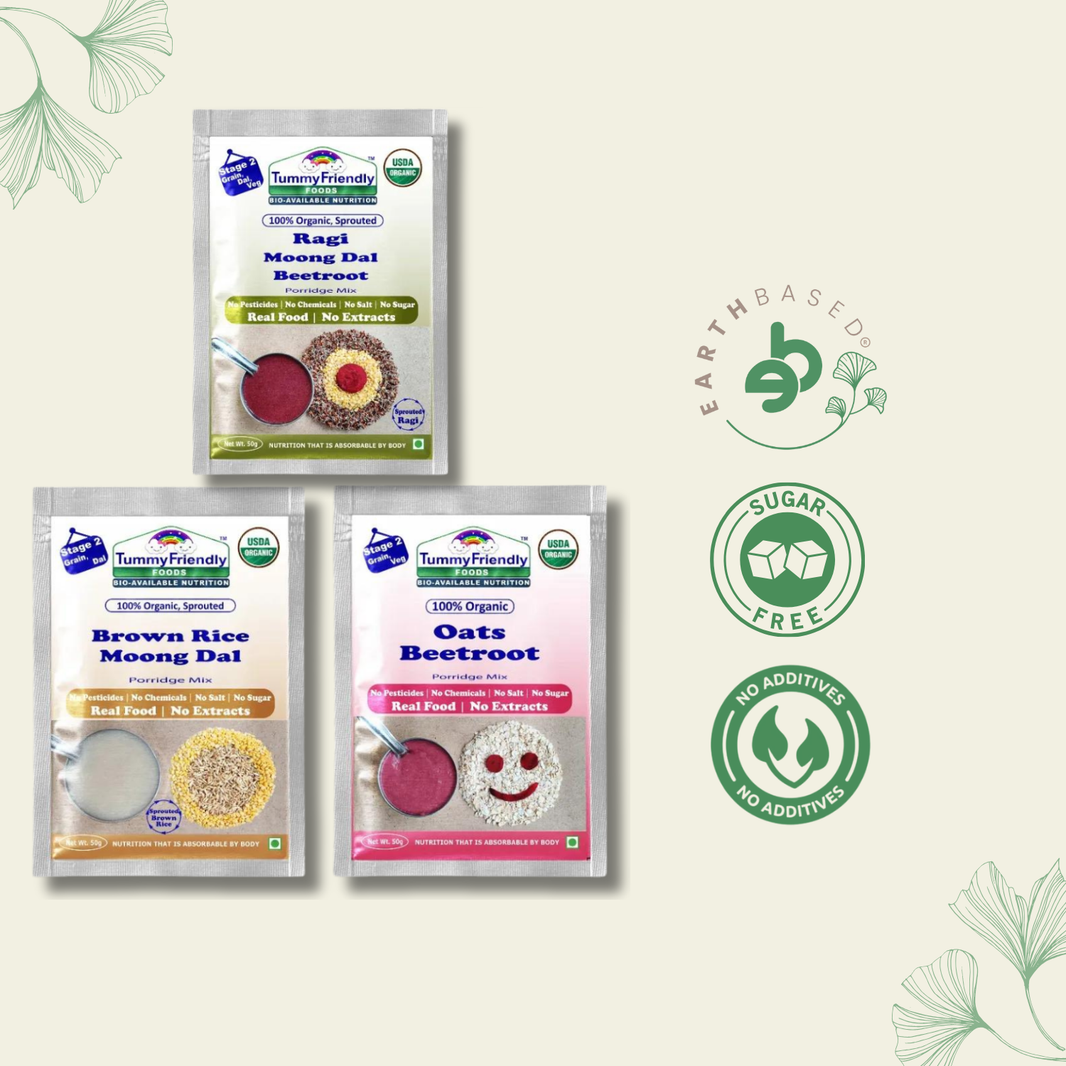 TummyFriendly Foods Certified Organic Stage2 Sprouted Porridge Mixes Trial Packs | Organic Baby Food for 6 Months Old | Sprouted Ragi, Sprouted Brown Rice, Oats, Dal & Vegetable | 50g Each, Cereal (150 g, Pack of 3)