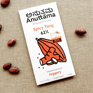 Best Vegan Dark Chocolate | ANUTTAMA | 62% Cocoa | Combo Pack of 2 | Spicy Tang Bar | Gluten Free | Natural Chocolate | Sugar Free | Jaggery Sweetened | Dried Ginger & Pepper | Handmade Chocolates Bar | earthbased.in | 01