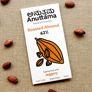 Anuttama Roasted Almond Chocolate | 62% Cocoa , Best Vegan Chocolate, Sugar Free, No Artificial Flavours, Lectin Free, Natural Chocolate Bar (2X50Gm Pack Of-2) | earthbased.in | 01