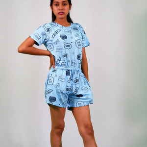 Best NightWear-Happy Thoughts Print T-shirt & Shorts Set in Air Blue | Playout | earthbased.in | 01