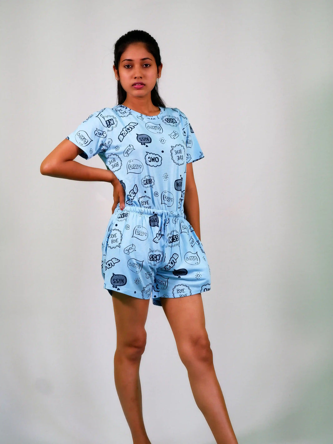 Best NightWear-Happy Thoughts Print T-shirt & Shorts Set in Air Blue | Playout | earthbased.in | 01