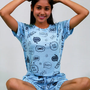 Best NightWear-Happy Thoughts Print T-shirt & Shorts Set in Air Blue | Playout | earthbased.in | 02