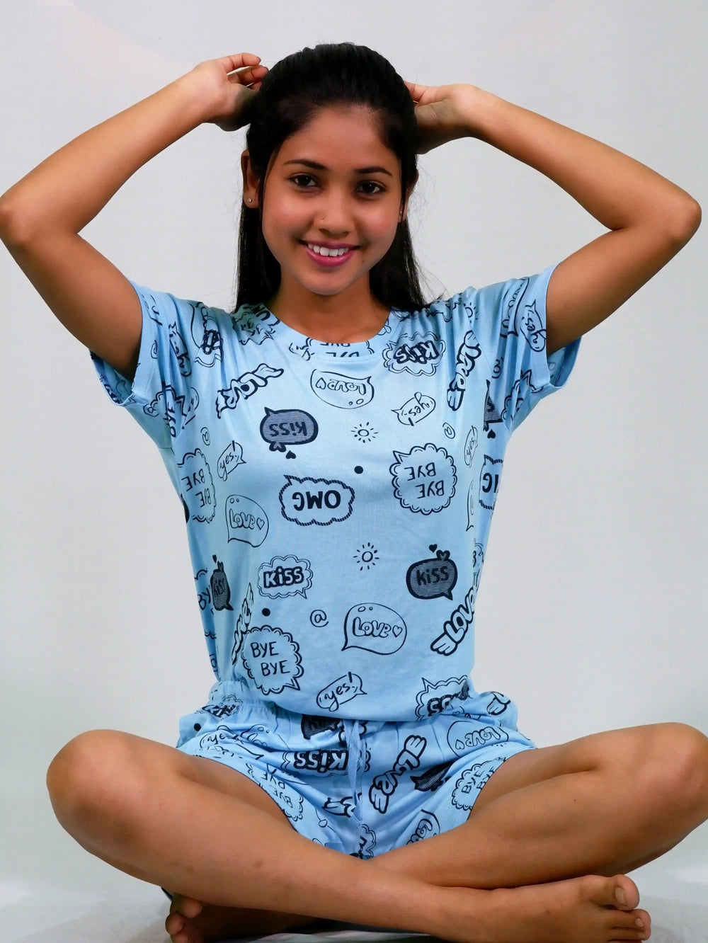 Best NightWear-Happy Thoughts Print T-shirt & Shorts Set in Air Blue | Playout | earthbased.in | 02