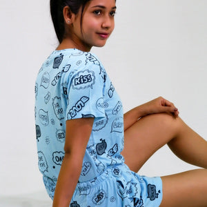 Best NightWear-Happy Thoughts Print T-shirt & Shorts Set in Air Blue | Playout | earthbased.in | 04