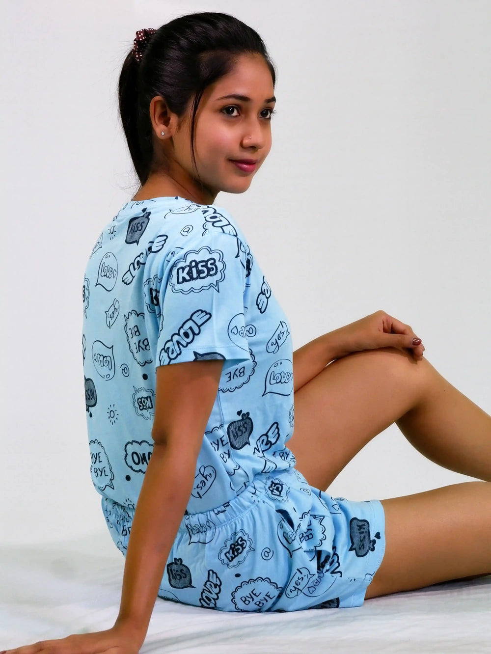Best NightWear-Happy Thoughts Print T-shirt & Shorts Set in Air Blue | Playout | earthbased.in | 04