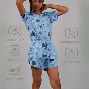Best NightWear-Happy Thoughts Print T-shirt & Shorts Set in Air Blue | Playout | earthbased.in | 05