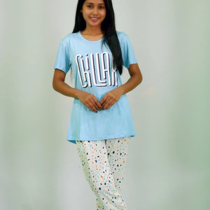 Best Night Dress | Chillax Print Air Blue T-shirt & Tofu Pant Night Dress | earthbased.in | 01