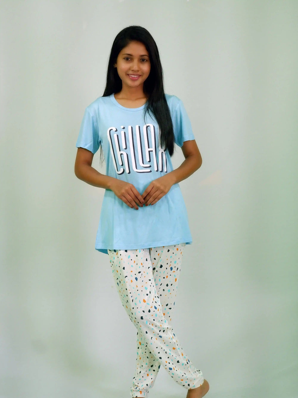 Best Night Dress | Chillax Print Air Blue T-shirt & Tofu Pant Night Dress | earthbased.in | 01