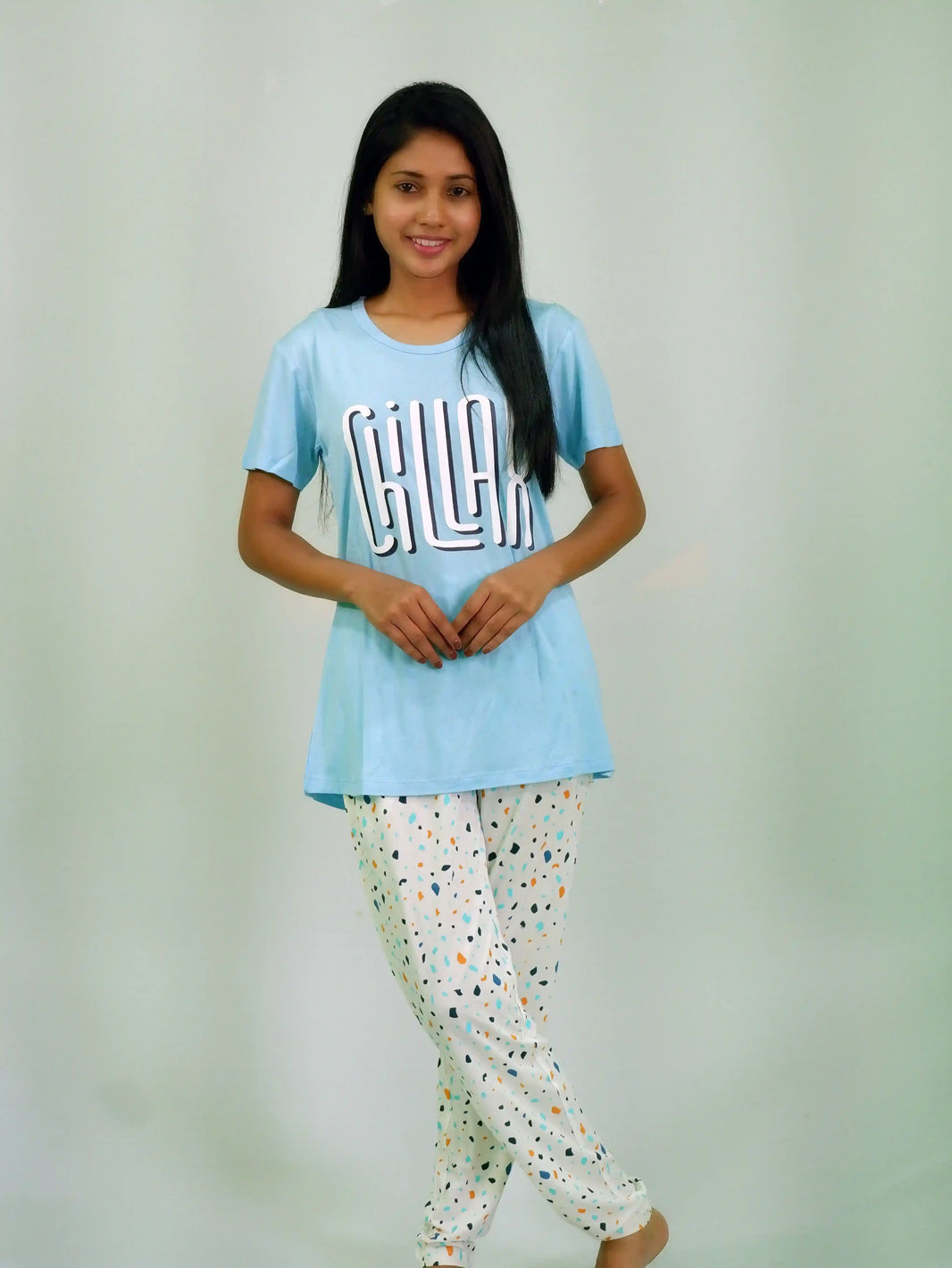 Best Night Dress | Chillax Print Air Blue T-shirt & Tofu Pant Night Dress | earthbased.in | 01