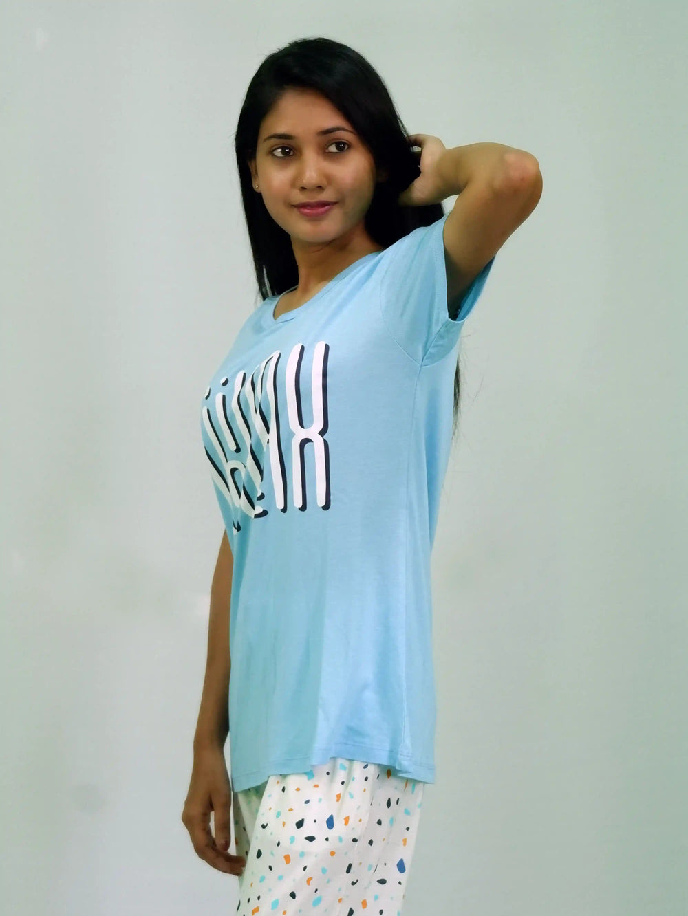 Best Night Dress | Chillax Print Air Blue T-shirt & Tofu Pant Night Dress | earthbased.in | 02