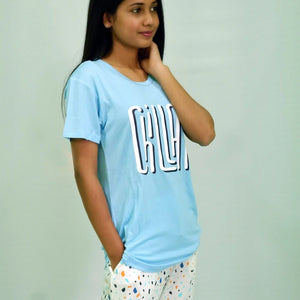 Best Night Dress | Chillax Print Air Blue T-shirt & Tofu Pant Night Dress | earthbased.in | 03