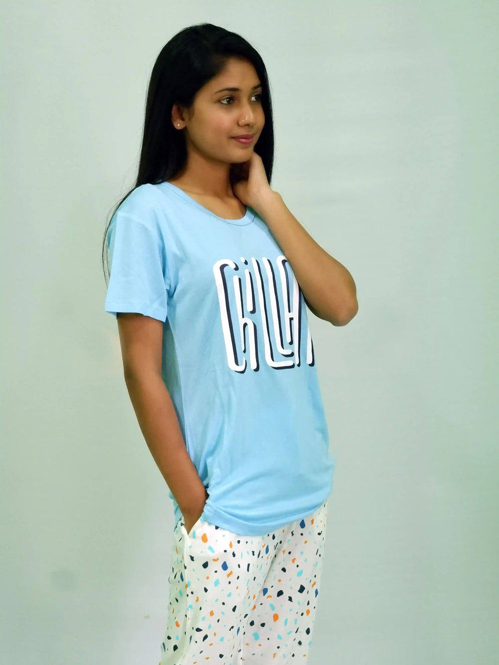 Best Night Dress | Chillax Print Air Blue T-shirt & Tofu Pant Night Dress | earthbased.in | 03