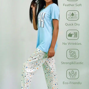 Best Night Dress | Chillax Print Air Blue T-shirt & Tofu Pant Night Dress | earthbased.in | 05
