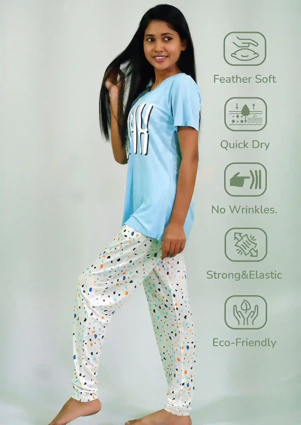 Best Night Dress | Chillax Print Air Blue T-shirt & Tofu Pant Night Dress | earthbased.in | 05