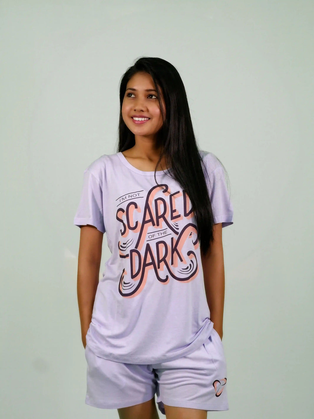 NightWear-I'm Not Scared of the Dark T-shirt & Shorts Set in Pastel Lilac | Playout | earthbased.in | 01