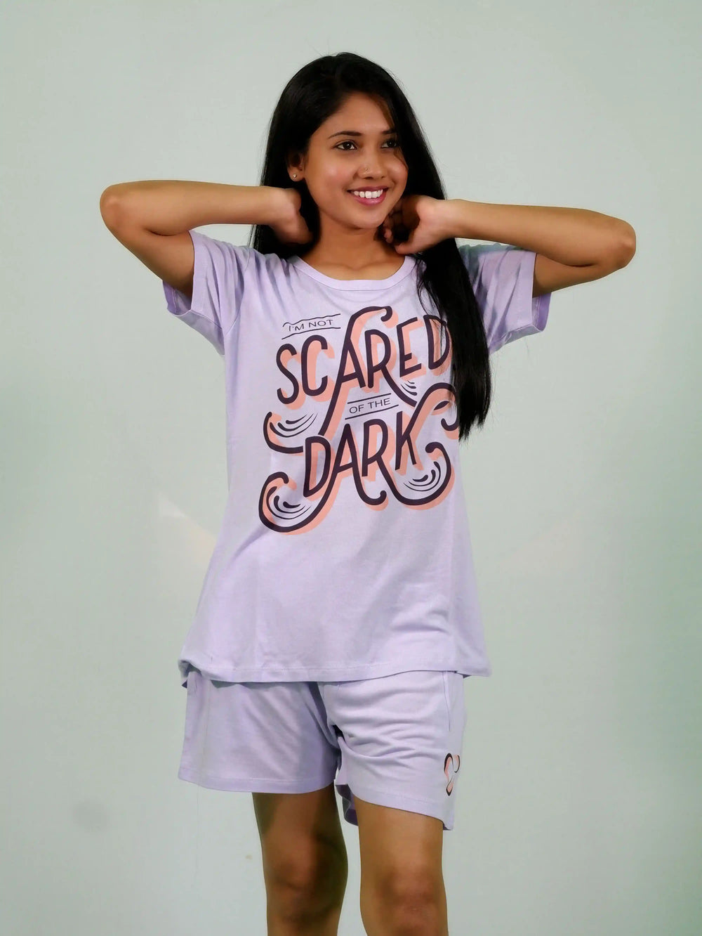 NightWear-I'm Not Scared of the Dark T-shirt & Shorts Set in Pastel Lilac | Playout | earthbased.in | 04