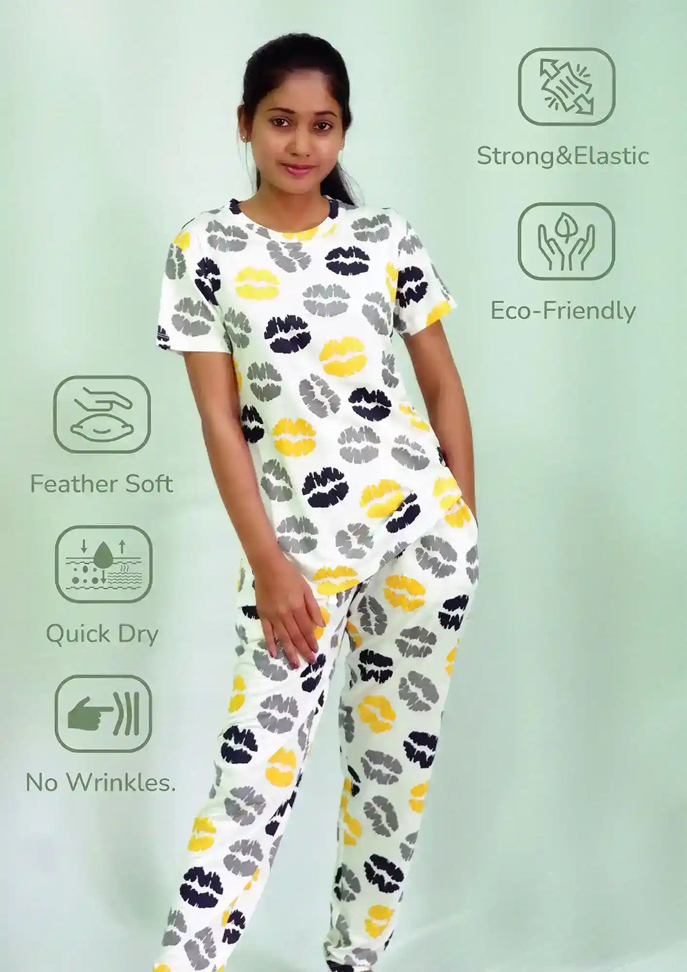 NightWear-Kisses Print T-shirt & Pant Night Dress in Tofu | Playout | 05