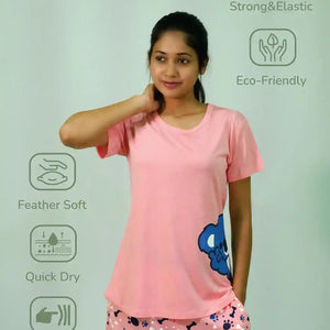 NightWear-Koala Print T-shirt & Shorts Set in Salmon Rose | Playout | earthbased.in