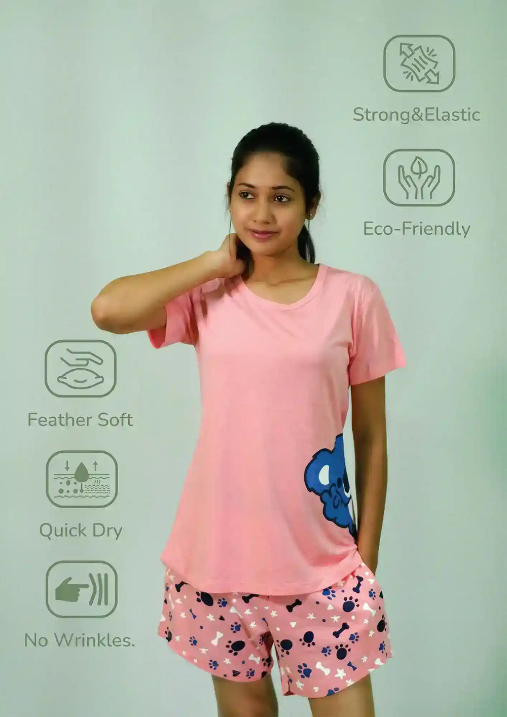 NightWear-Koala Print T-shirt & Shorts Set in Salmon Rose | Playout | earthbased.in
