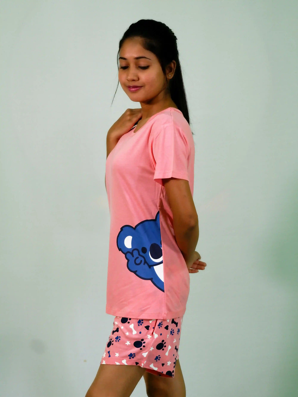 NightWear-Koala Print T-shirt & Shorts Set in Salmon Rose | Playout | earthbased.in
