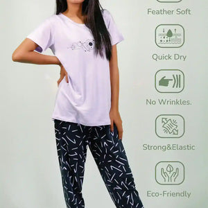 NightWear-Planets Print Lilac T-shirt & Navy Pant Night Dress | earthbased.in | 02