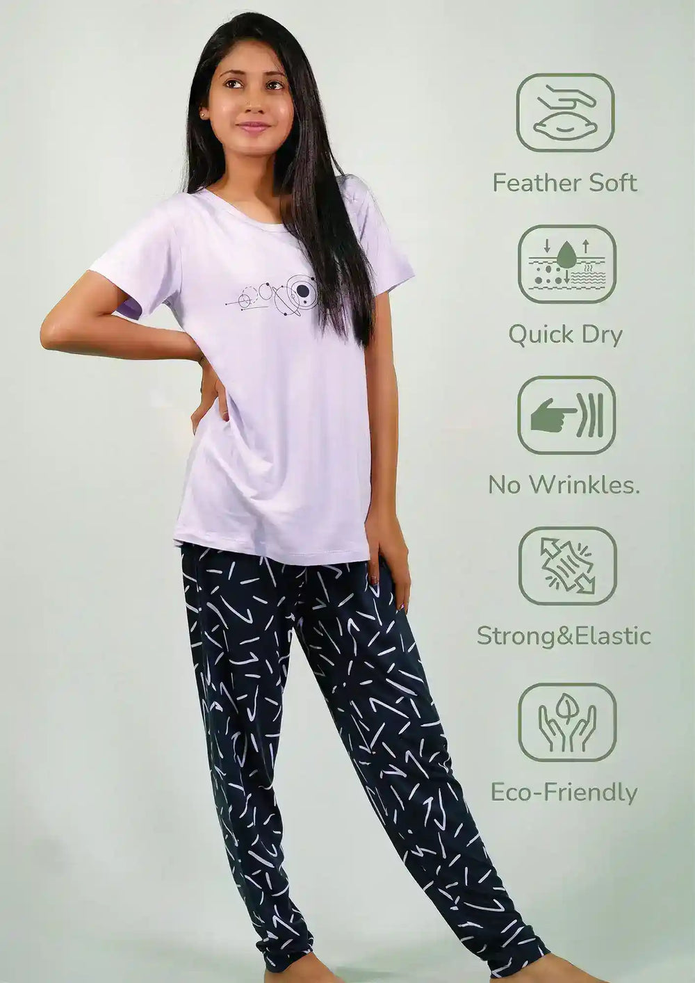 NightWear-Planets Print Lilac T-shirt & Navy Pant Night Dress | earthbased.in | 02