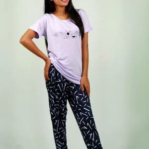 NightWear-Planets Print Lilac T-shirt & Navy Pant Night Dress | earthbased.in | 04