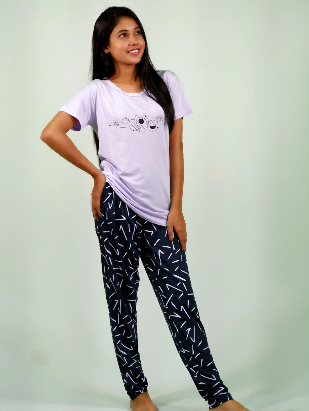 NightWear-Planets Print Lilac T-shirt & Navy Pant Night Dress | earthbased.in | 04