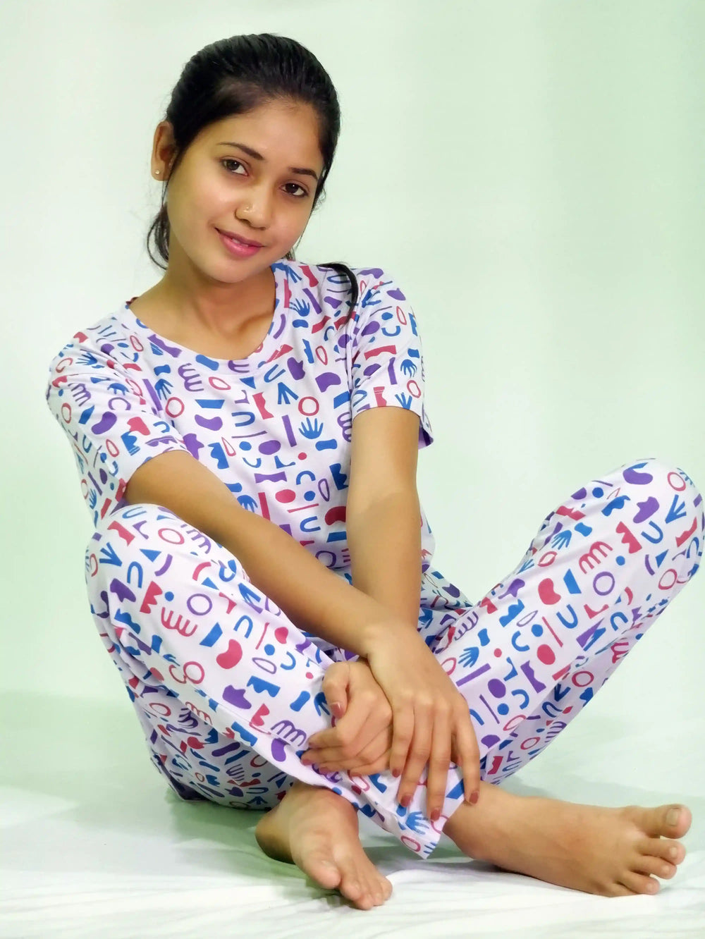 NightWear-Random Objects Print T-shirt & Pant Night Dress in Pastel Lilac | earthbased.in | 01