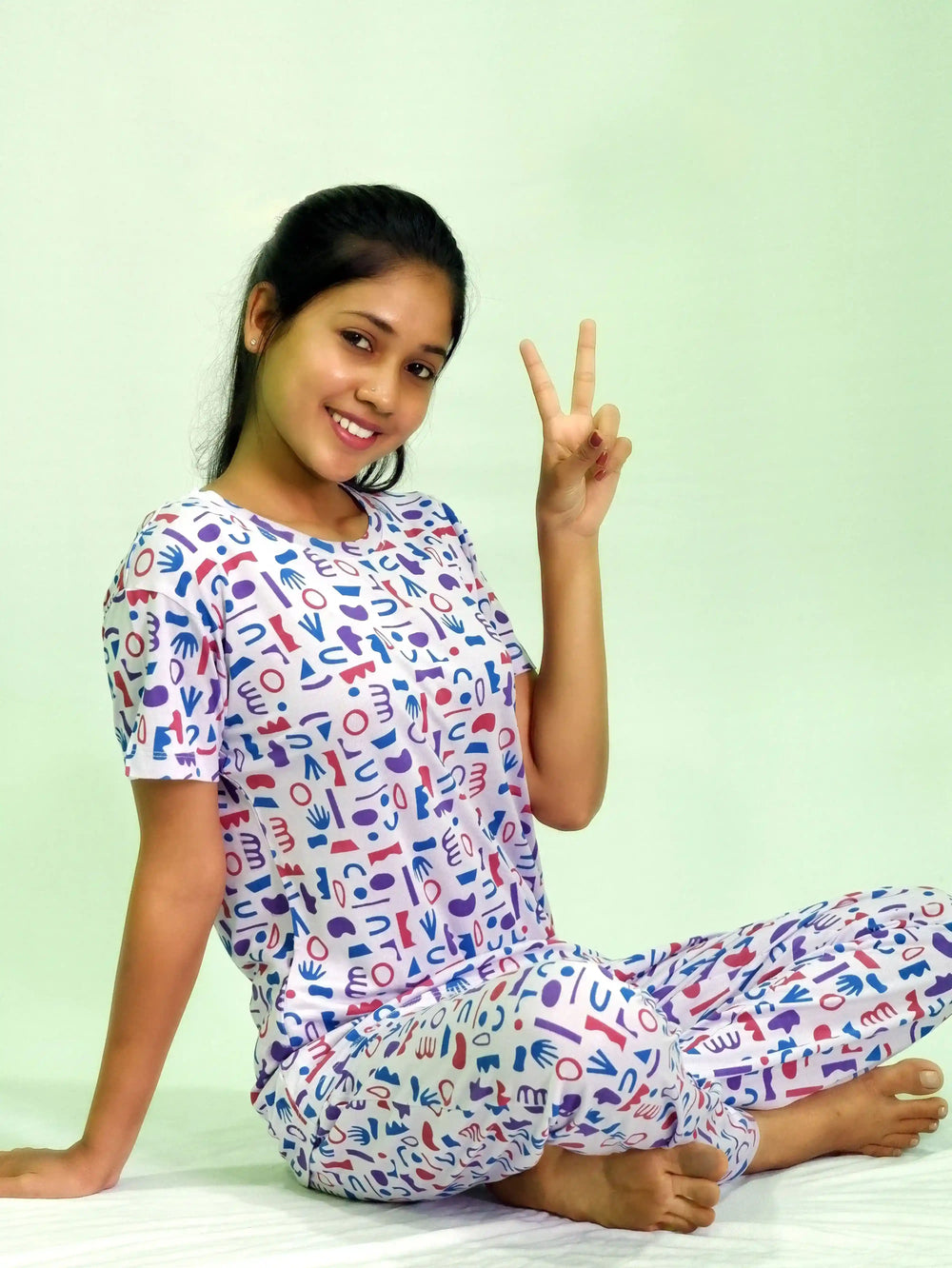 NightWear-Random Objects Print T-shirt & Pant Night Dress in Pastel Lilac | earthbased.in | 02