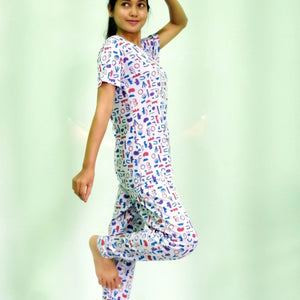 NightWear-Random Objects Print T-shirt & Pant Night Dress in Pastel Lilac | earthbased.in | 03