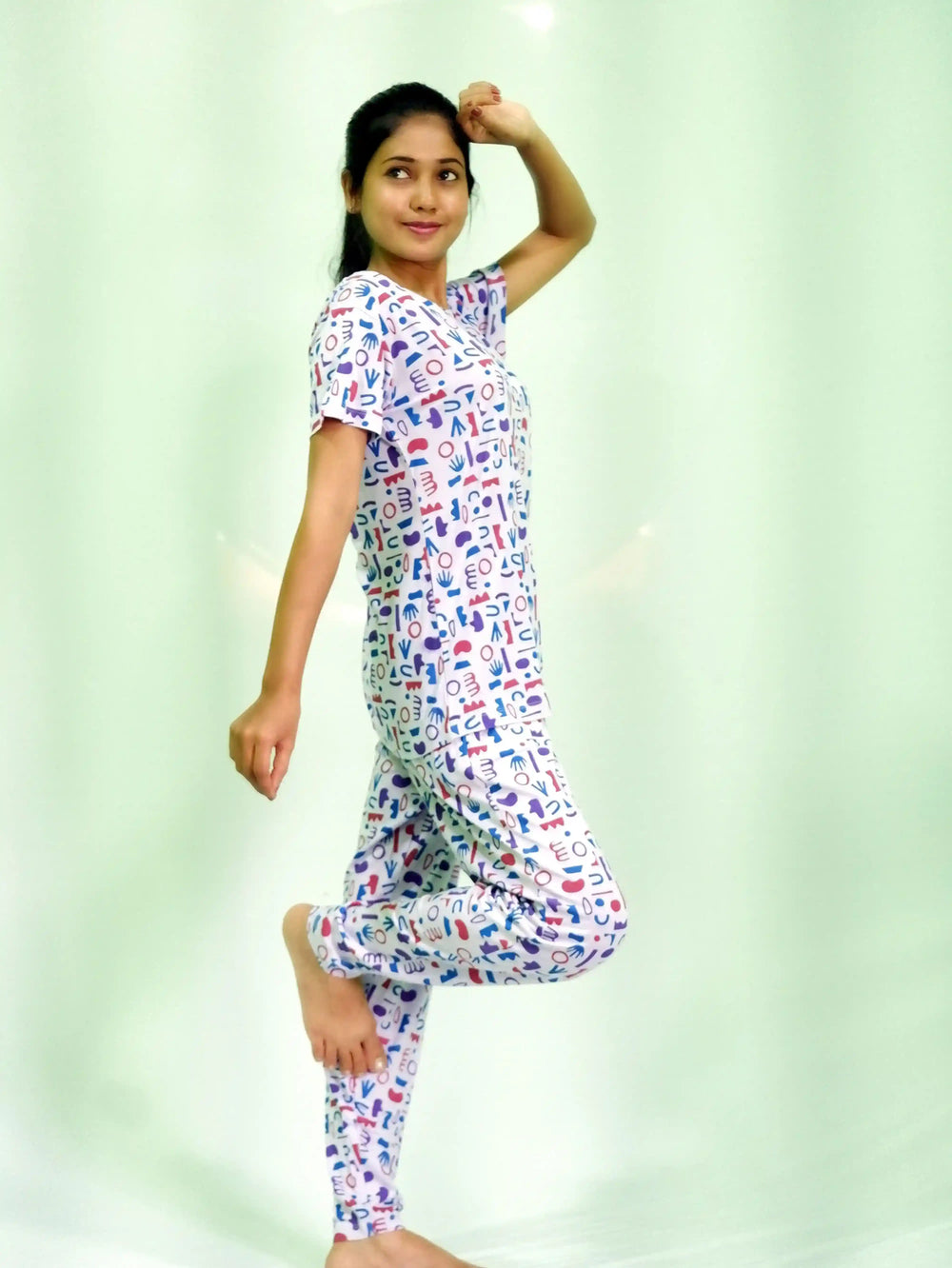 NightWear-Random Objects Print T-shirt & Pant Night Dress in Pastel Lilac | earthbased.in | 03
