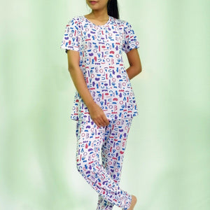 NightWear-Random Objects Print T-shirt & Pant Night Dress in Pastel Lilac | earthbased.in | 04
