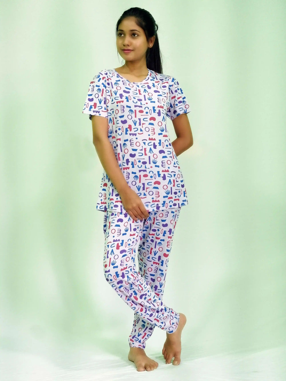 NightWear-Random Objects Print T-shirt & Pant Night Dress in Pastel Lilac | earthbased.in | 04