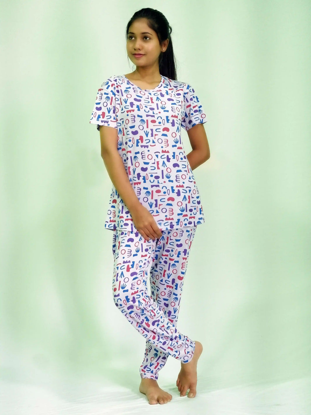 NightWear-Random Objects Print T-shirt & Pant Night Dress in Pastel Lilac | earthbased.in | 04