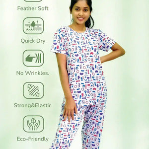 NightWear-Random Objects Print T-shirt & Pant Night Dress in Pastel Lilac | earthbased.in | 05