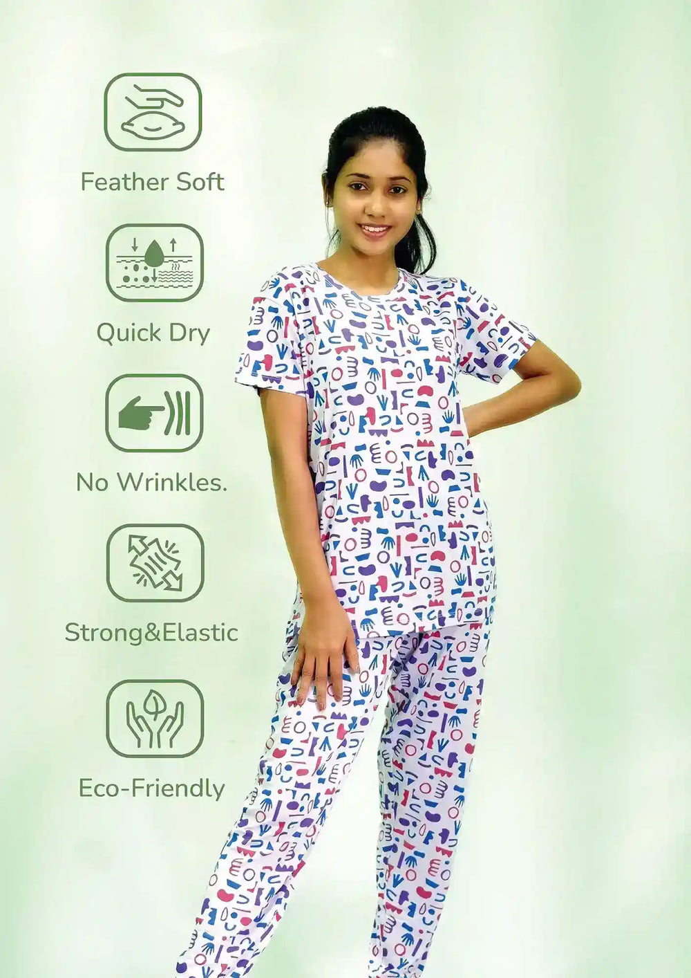 NightWear-Random Objects Print T-shirt & Pant Night Dress in Pastel Lilac | earthbased.in | 05