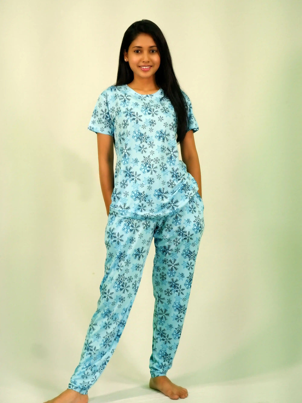 NightWear-Snowflake Print T-shirt & Pant Night Dress in Air Blue | Playout | earthbased.in | 02