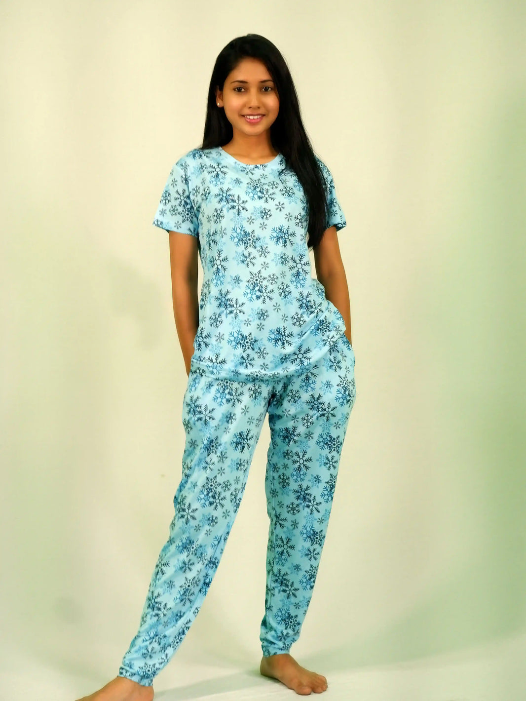 NightWear-Snowflake Print T-shirt & Pant Night Dress in Air Blue | Playout | earthbased.in | 02
