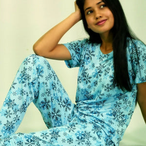 NightWear-Snowflake Print T-shirt & Pant Night Dress in Air Blue | Playout | earthbased.in | 03