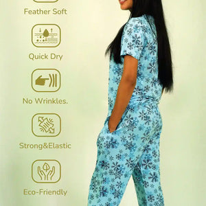 NightWear-Snowflake Print T-shirt & Pant Night Dress in Air Blue | Playout | earthbased.in | 05