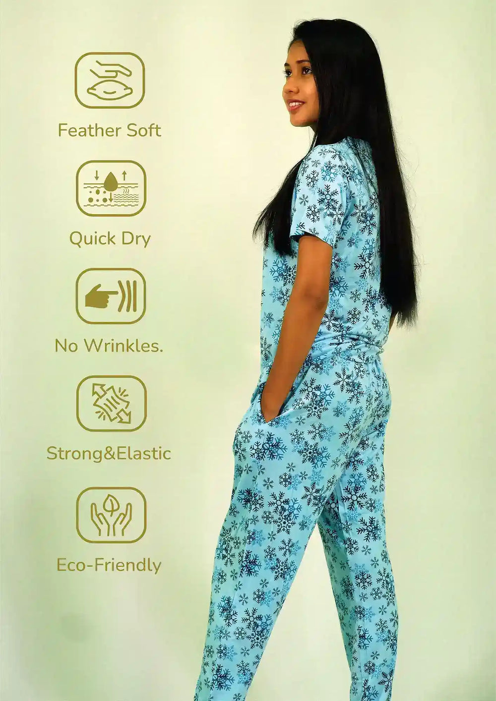 NightWear-Snowflake Print T-shirt & Pant Night Dress in Air Blue | Playout | earthbased.in | 05