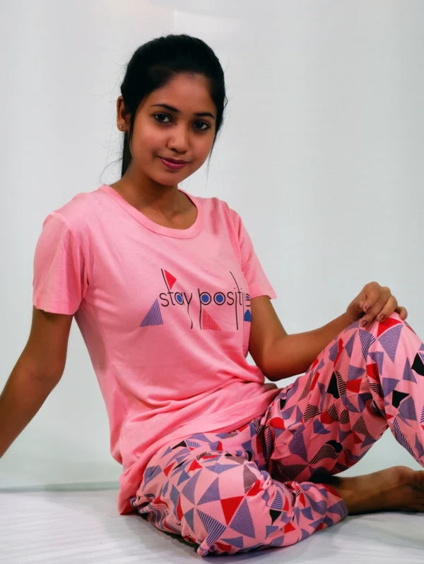 Stay Positive T-shirt & Pant Night Dress in Salmon Rose | Playout | earthbased.in | 02