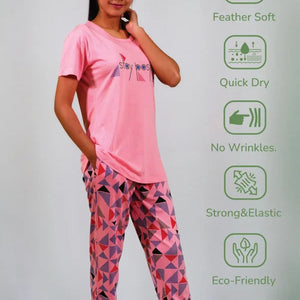 Stay Positive T-shirt & Pant Night Dress in Salmon Rose | Playout | earthbased.in | 03