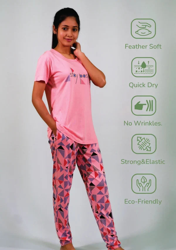 Stay Positive T-shirt & Pant Night Dress in Salmon Rose | Playout | earthbased.in | 03